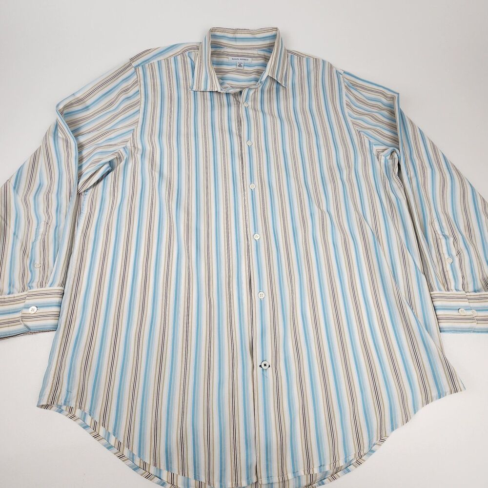Banana Republic Mens XL Blue Brown Striped Dress Shirt 17-17.5 100% Cotton